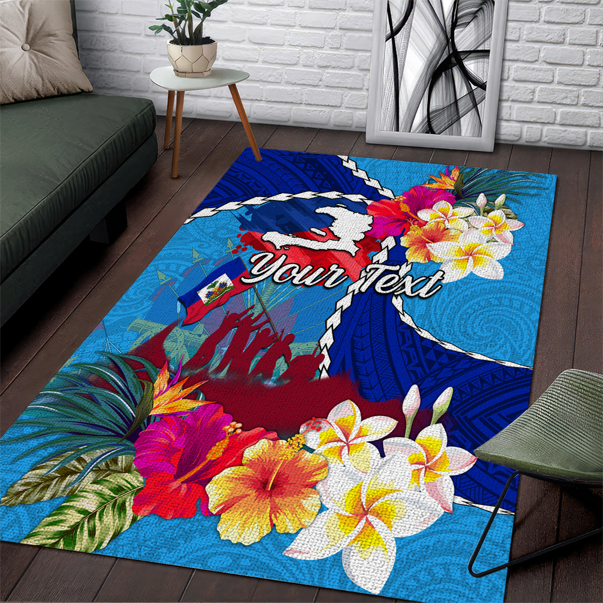Personalised Haiti 220th Anniversary Independence Day Area Rug Ayiti Flower with Polynesian Pattern LT03 Blue - Polynesian Pride