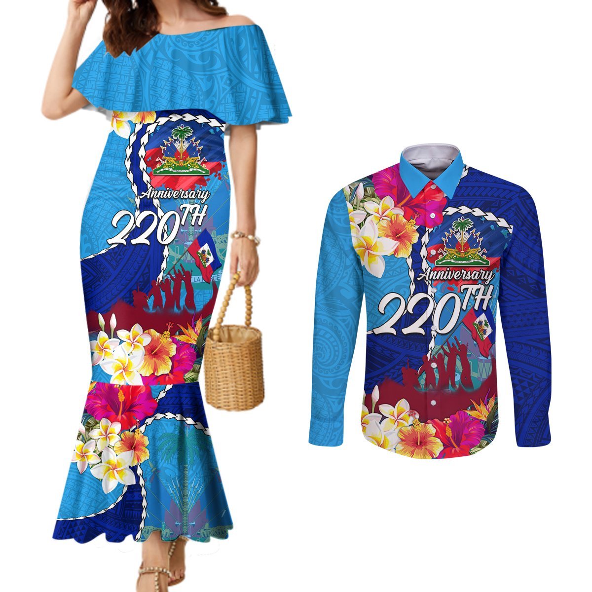Personalised Haiti 220th Anniversary Independence Day Couples Matching Mermaid Dress and Long Sleeve Button Shirt Ayiti Flower with Polynesian Pattern LT03 Blue - Polynesian Pride