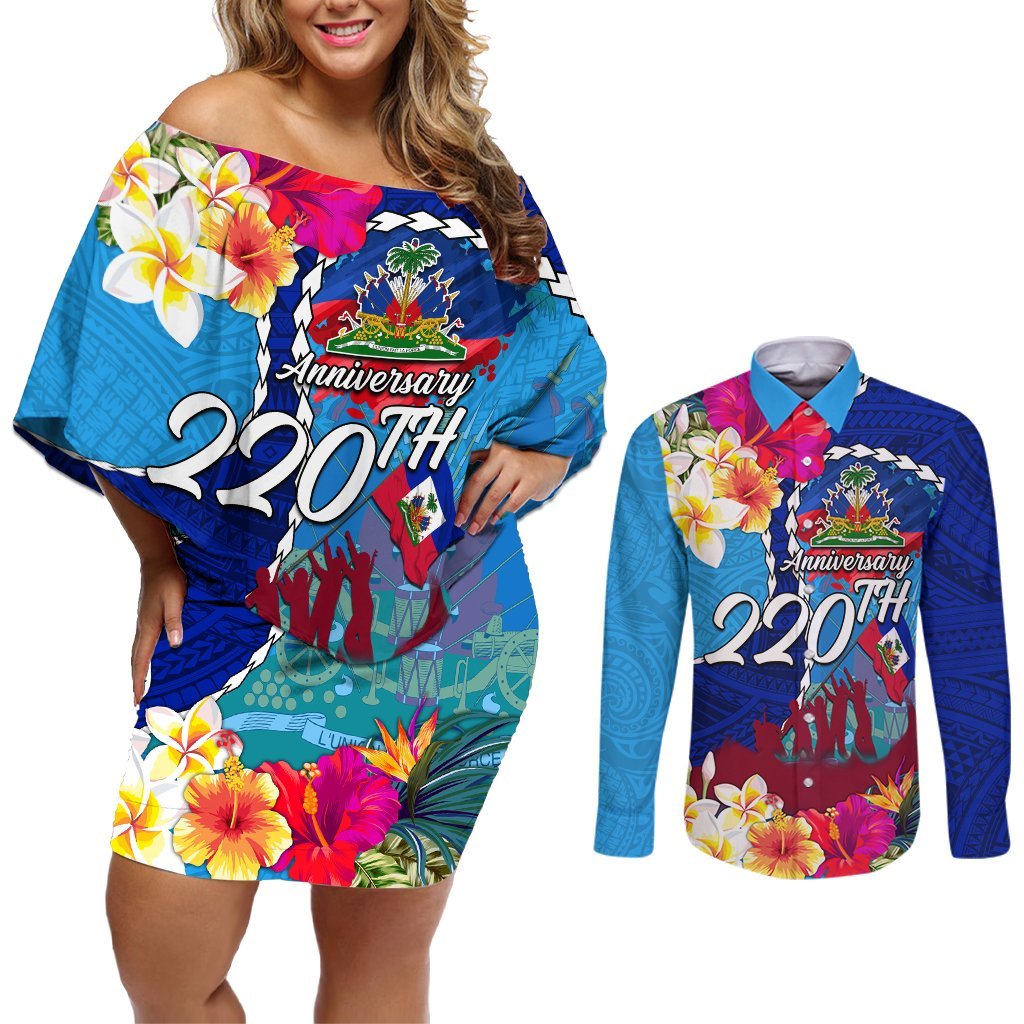 Personalised Haiti 220th Anniversary Independence Day Couples Matching Off Shoulder Short Dress and Long Sleeve Button Shirt Ayiti Flower with Polynesian Pattern LT03 Blue - Polynesian Pride