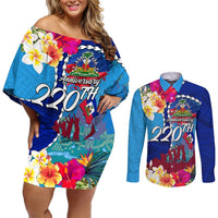 Personalised Haiti 220th Anniversary Independence Day Couples Matching Off Shoulder Short Dress and Long Sleeve Button Shirt Ayiti Flower with Polynesian Pattern LT03 Blue - Polynesian Pride