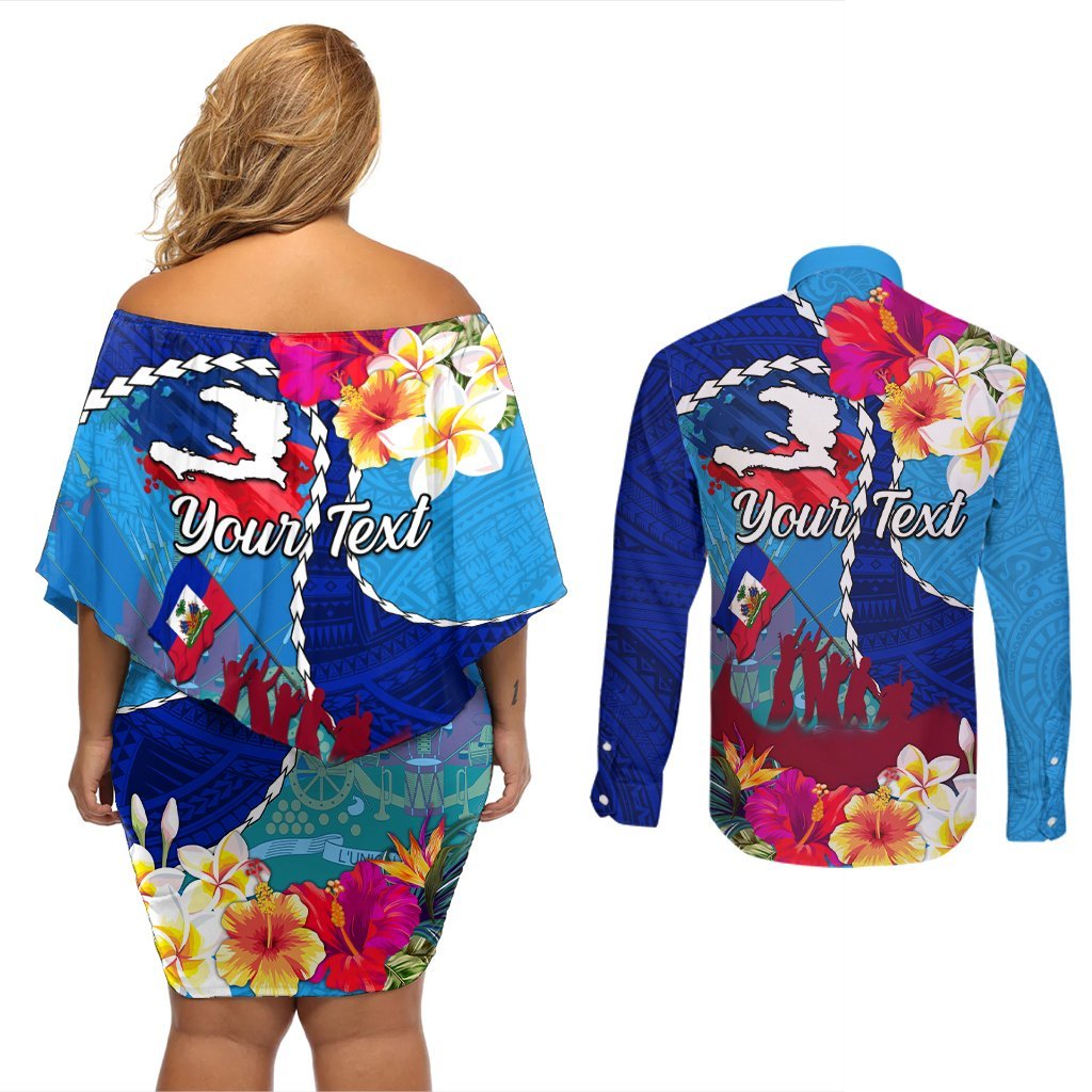 Personalised Haiti 220th Anniversary Independence Day Couples Matching Off Shoulder Short Dress and Long Sleeve Button Shirt Ayiti Flower with Polynesian Pattern LT03 - Polynesian Pride