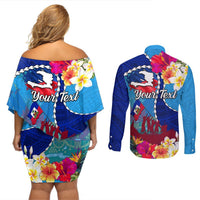 Personalised Haiti 220th Anniversary Independence Day Couples Matching Off Shoulder Short Dress and Long Sleeve Button Shirt Ayiti Flower with Polynesian Pattern LT03 - Polynesian Pride