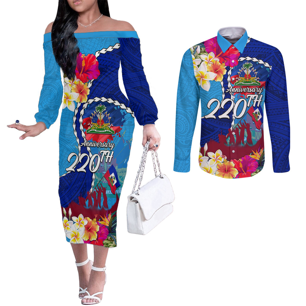 Personalised Haiti 220th Anniversary Independence Day Couples Matching Off The Shoulder Long Sleeve Dress and Long Sleeve Button Shirt Ayiti Flower with Polynesian Pattern LT03 Blue - Polynesian Pride