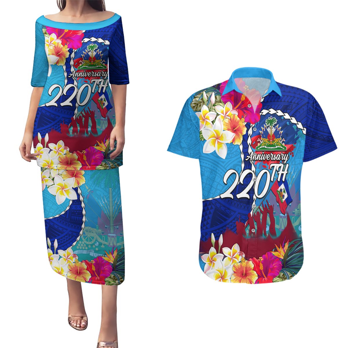 Personalised Haiti 220th Anniversary Independence Day Couples Matching Puletasi Dress and Hawaiian Shirt Ayiti Flower with Polynesian Pattern LT03 Blue - Polynesian Pride