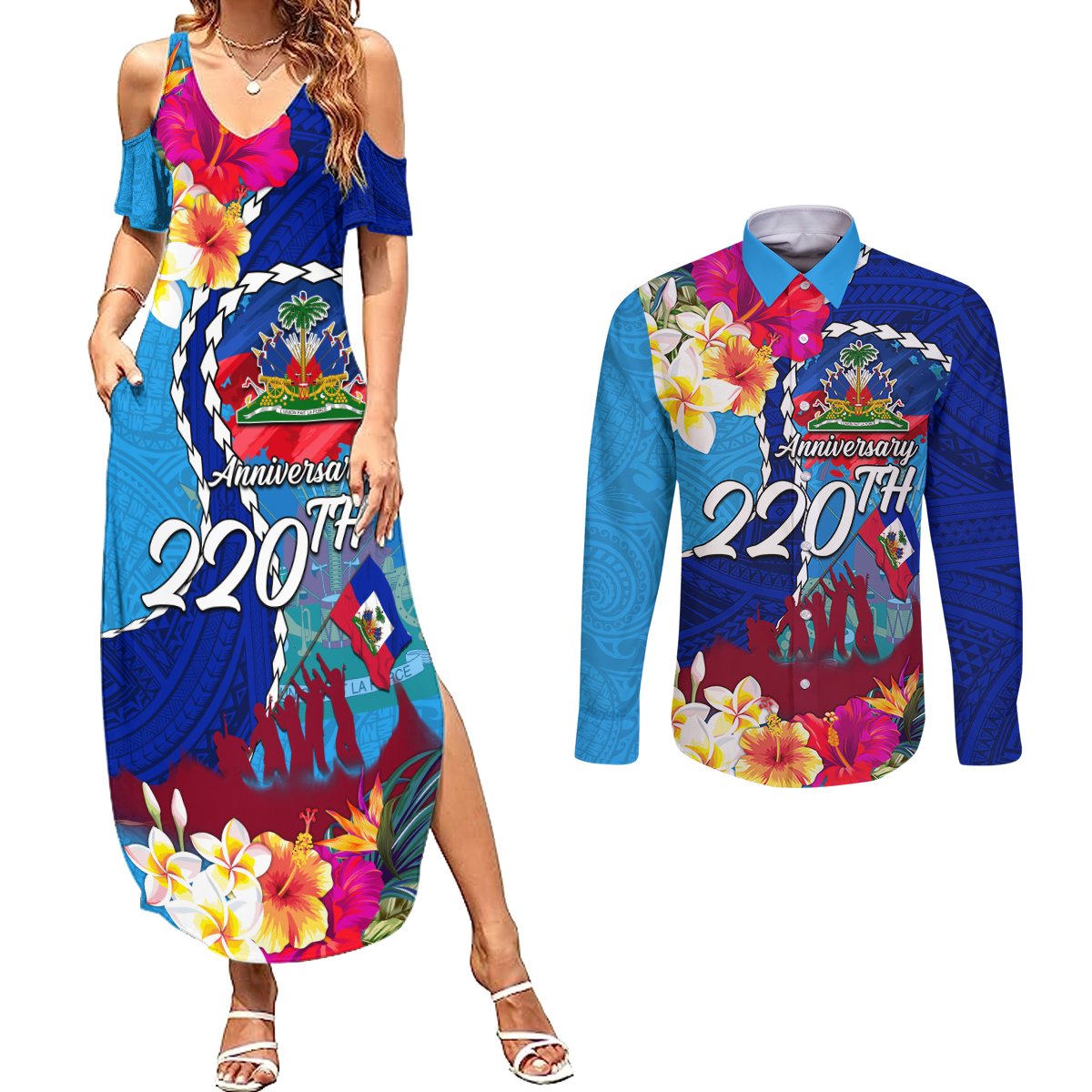 Personalised Haiti 220th Anniversary Independence Day Couples Matching Summer Maxi Dress and Long Sleeve Button Shirt Ayiti Flower with Polynesian Pattern LT03 Blue - Polynesian Pride