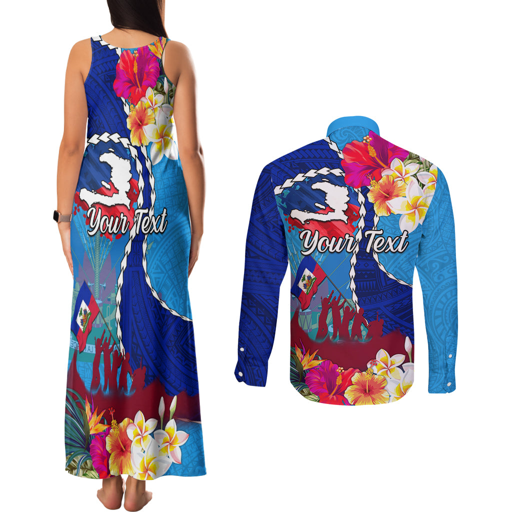 Personalised Haiti 220th Anniversary Independence Day Couples Matching Tank Maxi Dress and Long Sleeve Button Shirt Ayiti Flower with Polynesian Pattern LT03 - Polynesian Pride