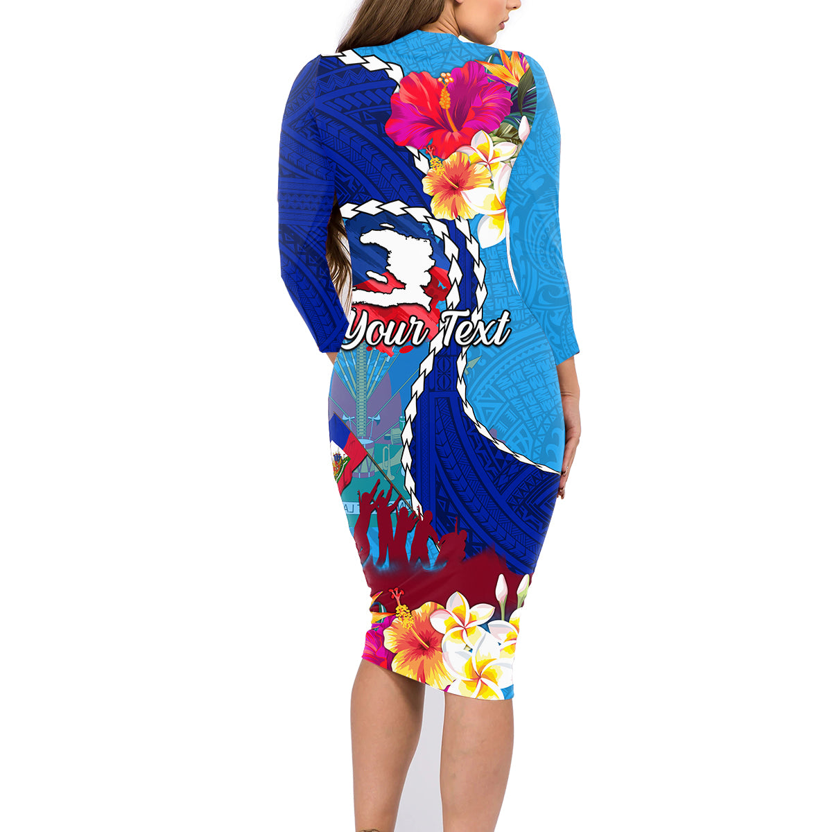 Personalised Haiti 220th Anniversary Independence Day Family Matching Long Sleeve Bodycon Dress and Hawaiian Shirt Ayiti Flower with Polynesian Pattern LT03 - Polynesian Pride