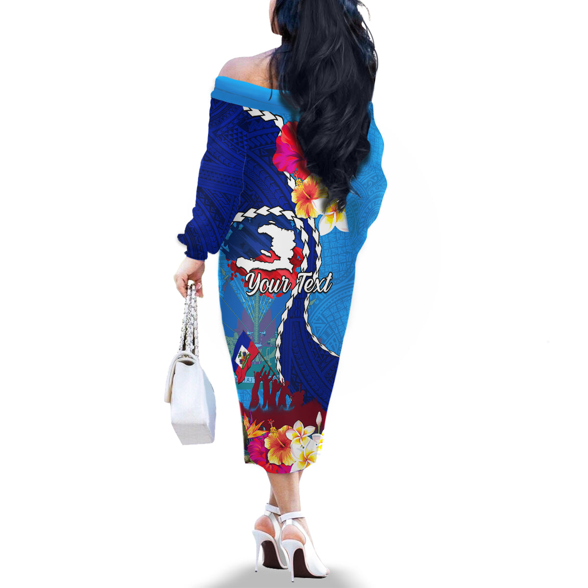 Personalised Haiti 220th Anniversary Independence Day Family Matching Off Shoulder Long Sleeve Dress and Hawaiian Shirt Ayiti Flower with Polynesian Pattern LT03 - Polynesian Pride