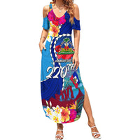Personalised Haiti 220th Anniversary Independence Day Family Matching Summer Maxi Dress and Hawaiian Shirt Ayiti Flower with Polynesian Pattern LT03 Mom's Dress Blue - Polynesian Pride