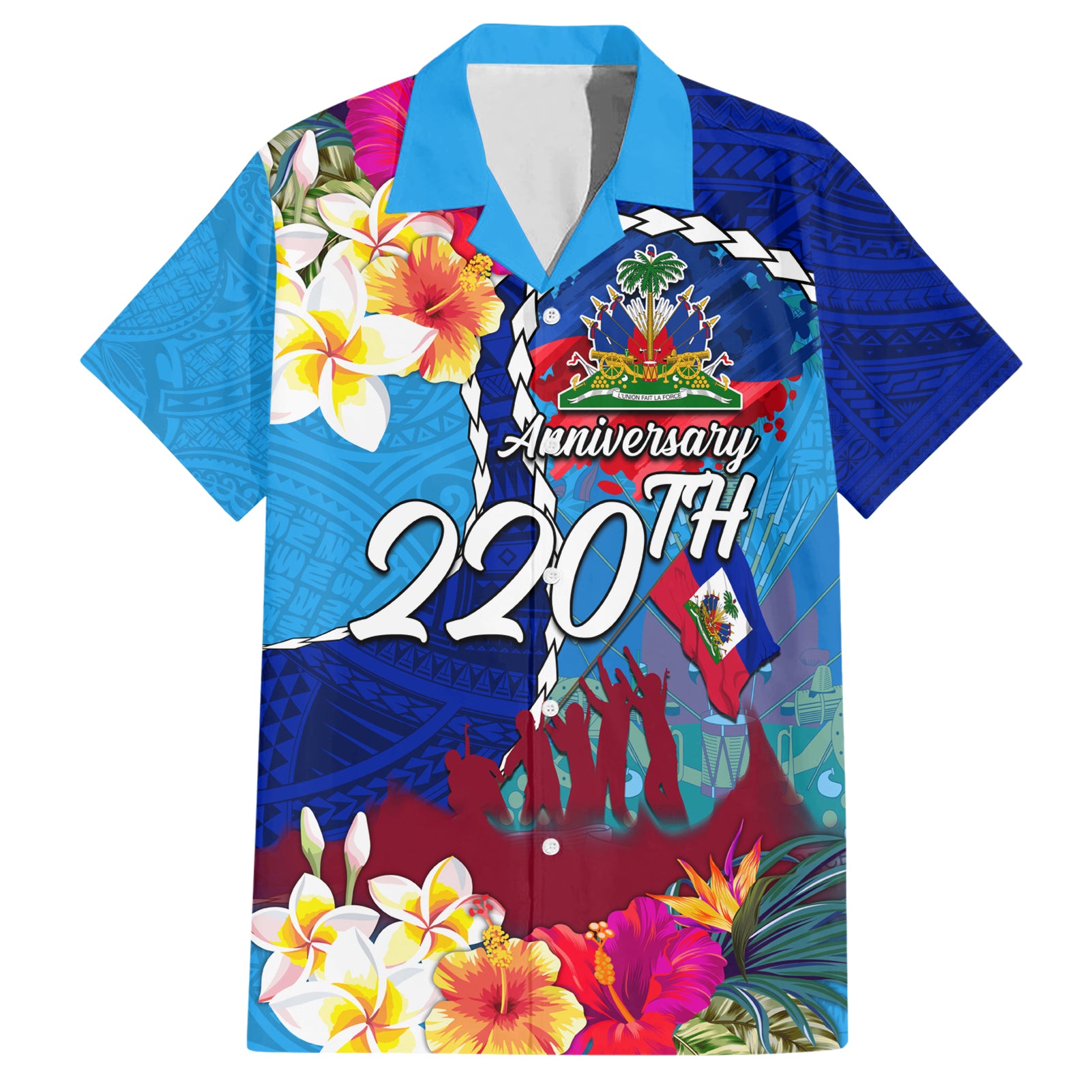 Personalised Haiti 220th Anniversary Independence Day Hawaiian Shirt Ayiti Flower with Polynesian Pattern LT03 Blue - Polynesian Pride