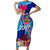 Personalised Haiti 220th Anniversary Independence Day Short Sleeve Bodycon Dress Ayiti Flower with Polynesian Pattern LT03 Long Dress Blue - Polynesian Pride