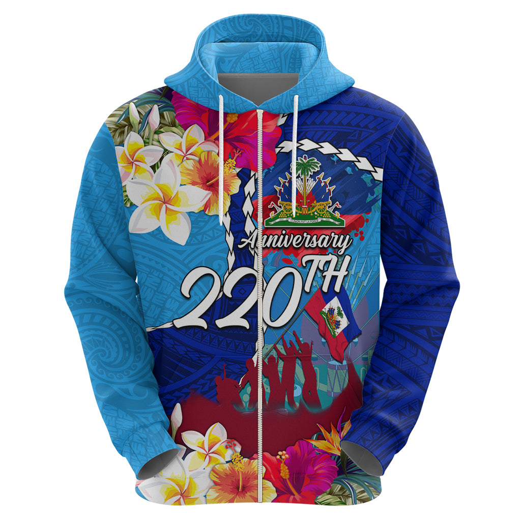 Personalised Haiti 220th Anniversary Independence Day Zip Hoodie Ayiti Flower with Polynesian Pattern LT03 - Polynesian Pride