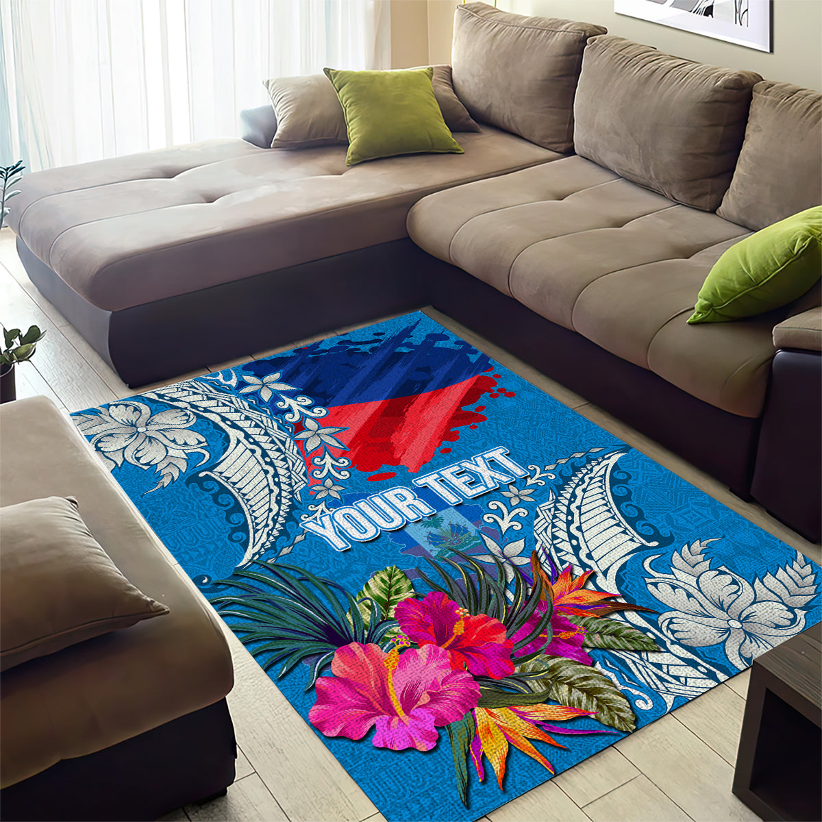Personalised Haiti Coat Of Arms Area Rug Repiblik d Ayiti Tropical Flower Blue Polynesian Pattern LT03 - Polynesian Pride
