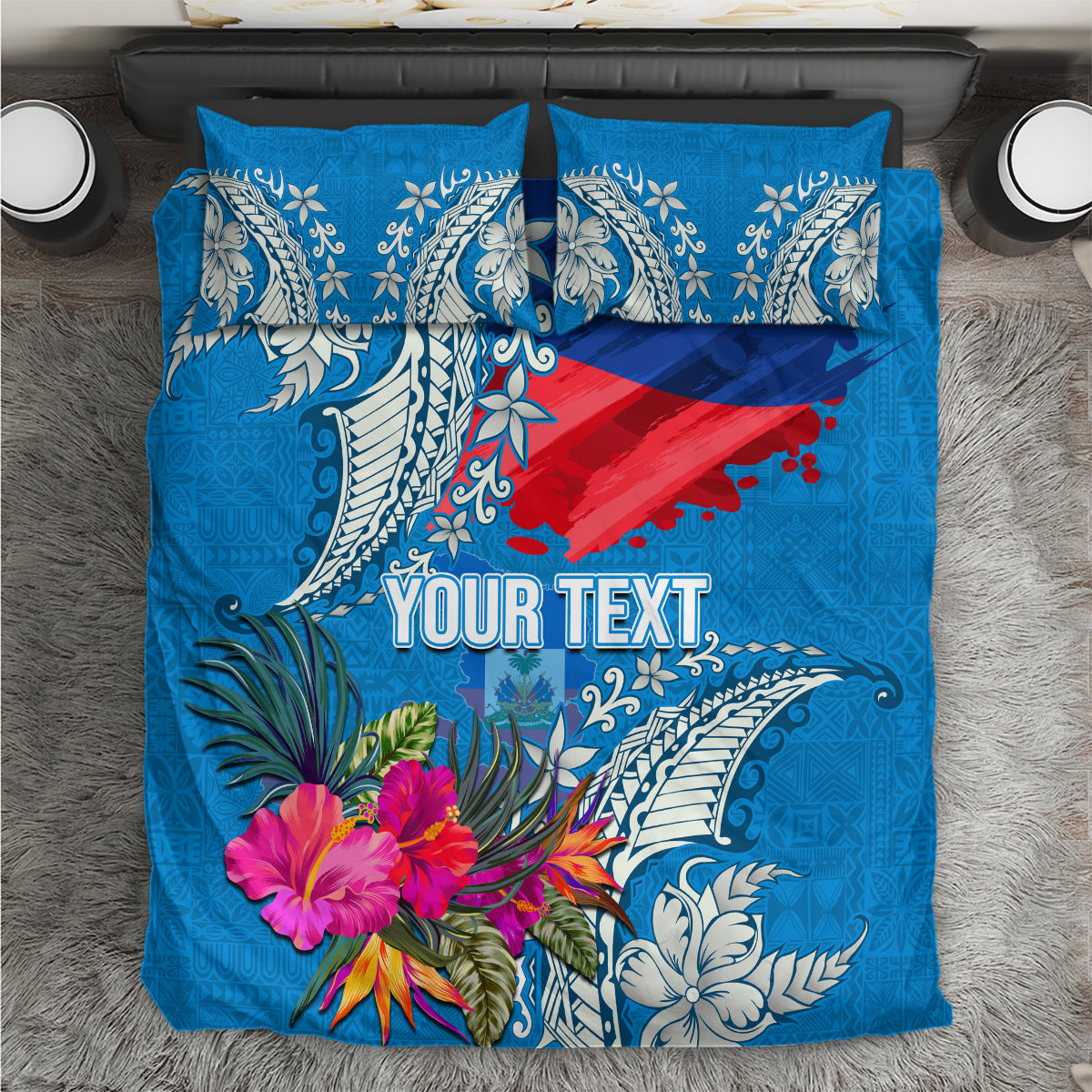 Personalised Haiti Coat Of Arms Bedding Set Repiblik d Ayiti Tropical Flower Blue Polynesian Pattern LT03 Blue - Polynesian Pride