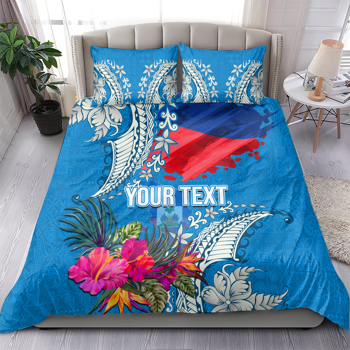Personalised Haiti Coat Of Arms Bedding Set Repiblik d Ayiti Tropical Flower Blue Polynesian Pattern LT03 - Polynesian Pride