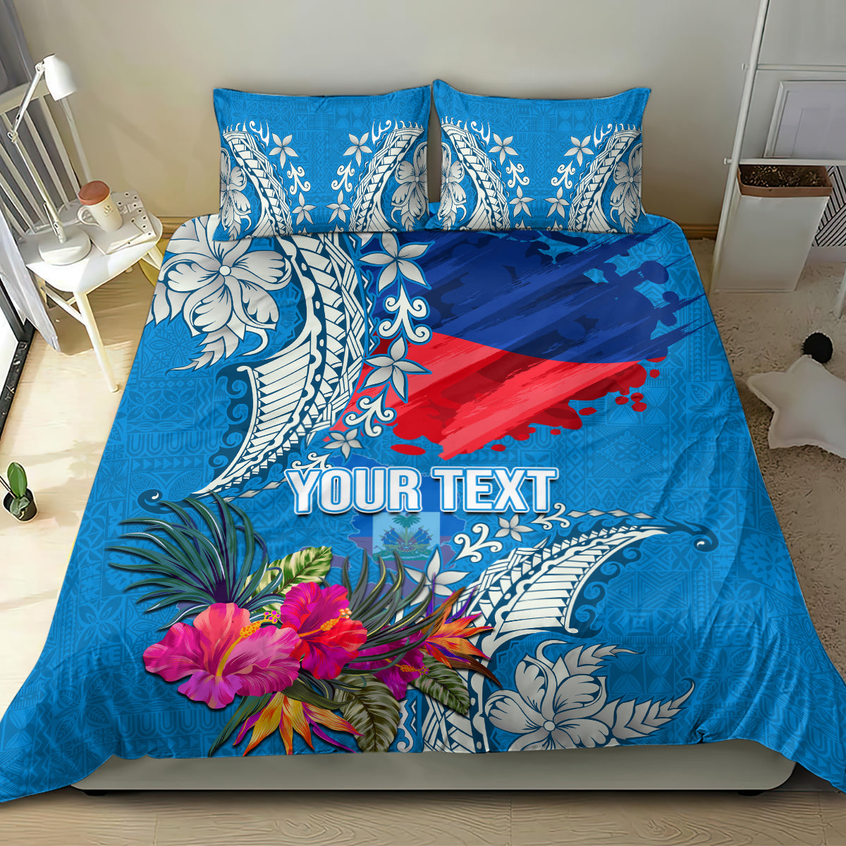 Personalised Haiti Coat Of Arms Bedding Set Repiblik d Ayiti Tropical Flower Blue Polynesian Pattern LT03 - Polynesian Pride