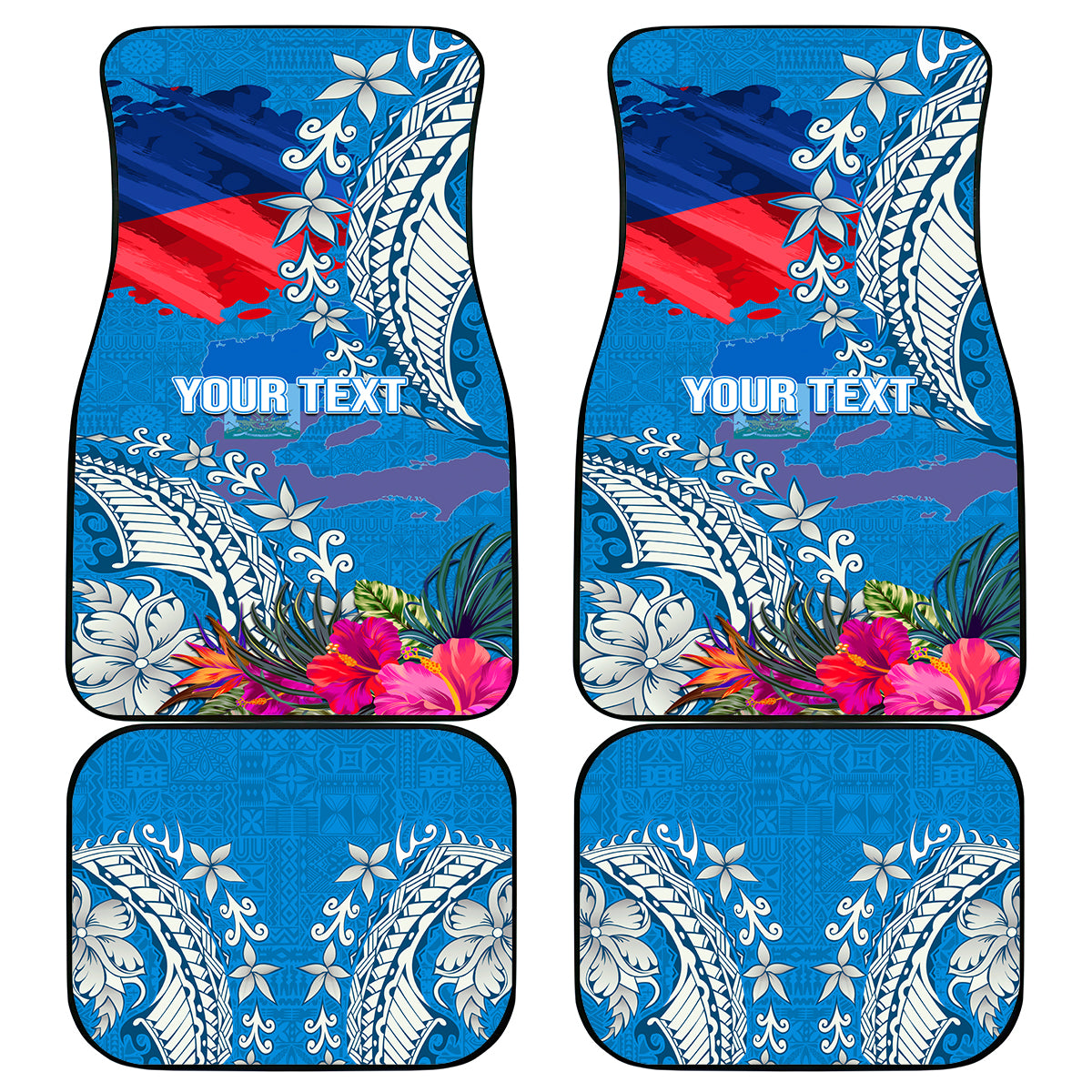 Personalised Haiti Coat Of Arms Car Mats Repiblik d Ayiti Tropical Flower Blue Polynesian Pattern LT03 Blue - Polynesian Pride