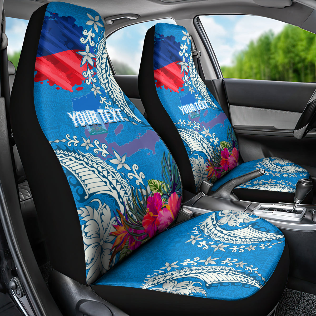 Personalised Haiti Coat Of Arms Car Seat Cover Repiblik d Ayiti Tropical Flower Blue Polynesian Pattern LT03 - Polynesian Pride