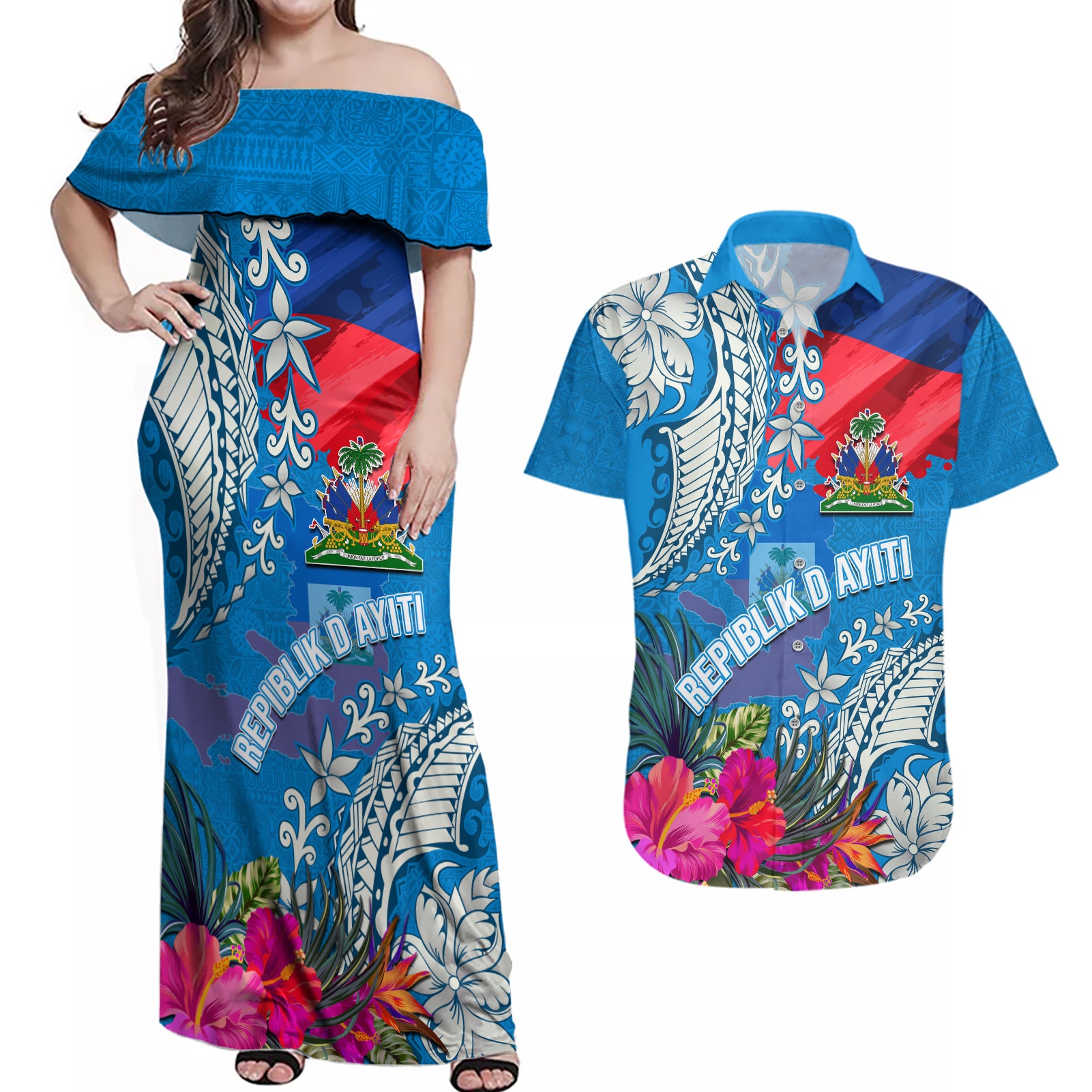 Personalised Haiti Coat Of Arms Couples Matching Off Shoulder Maxi Dress and Hawaiian Shirt Repiblik d Ayiti Tropical Flower Blue Polynesian Pattern LT03 Blue - Polynesian Pride