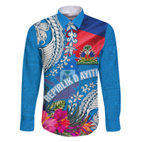 Personalised Haiti Coat Of Arms Family Matching Mermaid Dress and Hawaiian Shirt Repiblik d Ayiti Tropical Flower Blue Polynesian Pattern LT03 Dad's Shirt - Long Sleeve Blue - Polynesian Pride