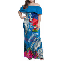 Personalised Haiti Coat Of Arms Family Matching Off Shoulder Maxi Dress and Hawaiian Shirt Repiblik d Ayiti Tropical Flower Blue Polynesian Pattern LT03 Mom's Dress Blue - Polynesian Pride