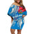 Personalised Haiti Coat Of Arms Family Matching Off Shoulder Short Dress and Hawaiian Shirt Repiblik d Ayiti Tropical Flower Blue Polynesian Pattern LT03 Mom's Dress Blue - Polynesian Pride