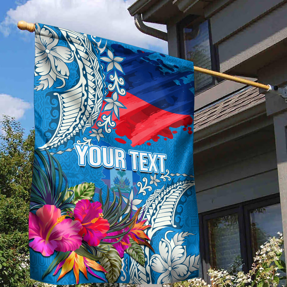 Personalised Haiti Coat Of Arms Garden Flag Repiblik d Ayiti Tropical Flower Blue Polynesian Pattern LT03 - Polynesian Pride