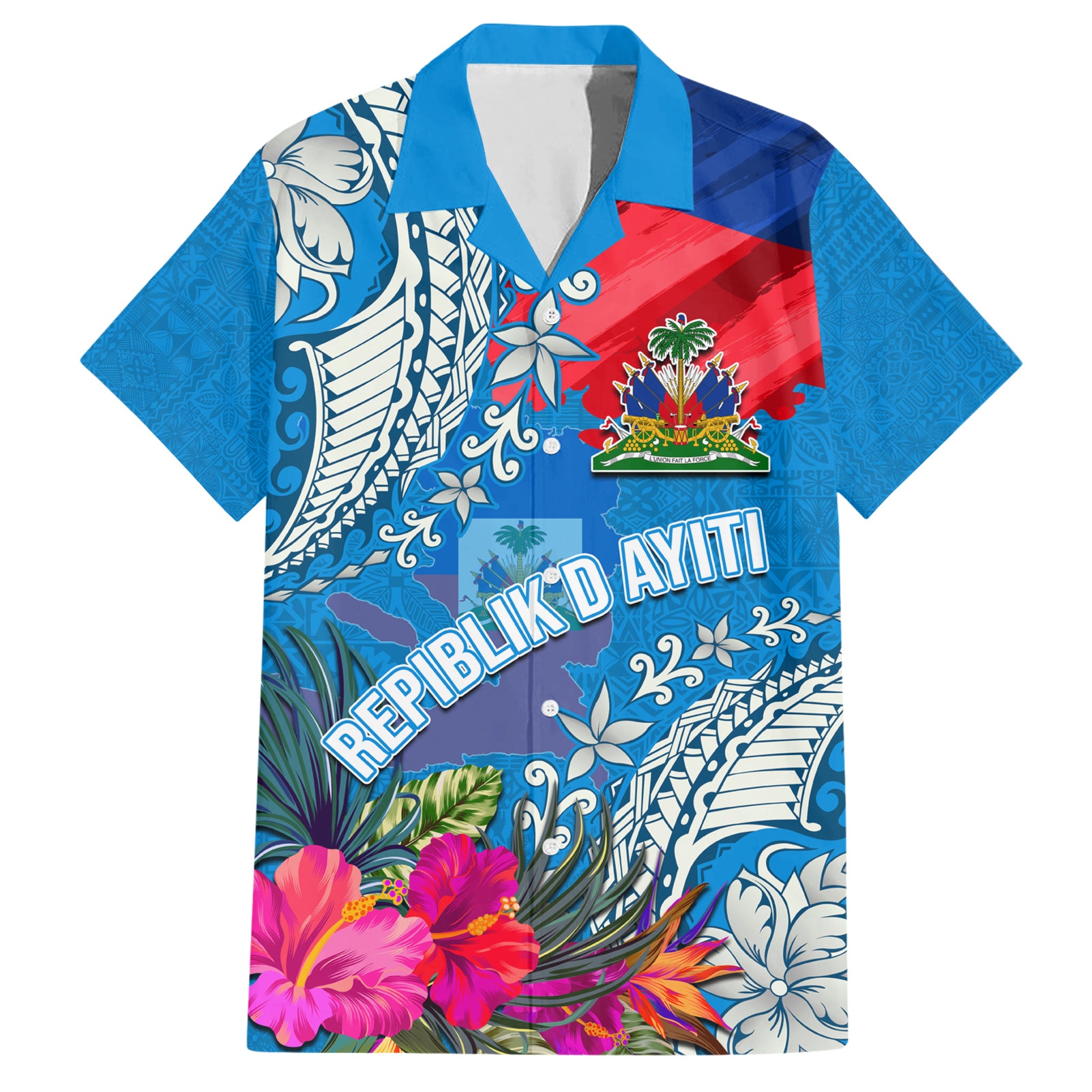 Personalised Haiti Coat Of Arms Hawaiian Shirt Repiblik d Ayiti Tropical Flower Blue Polynesian Pattern LT03 Blue - Polynesian Pride