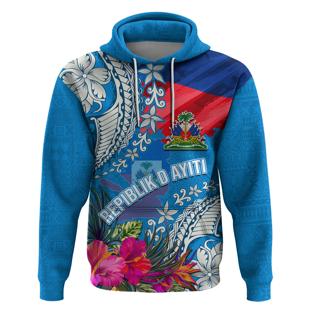 Personalised Haiti Coat Of Arms Hoodie Repiblik d Ayiti Tropical Flower Blue Polynesian Pattern LT03 Pullover Hoodie Blue - Polynesian Pride