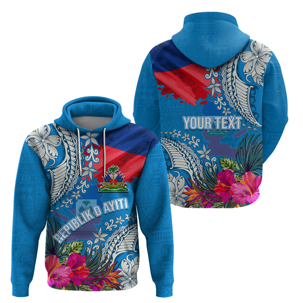 Personalised Haiti Coat Of Arms Hoodie Repiblik d Ayiti Tropical Flower Blue Polynesian Pattern LT03 - Polynesian Pride