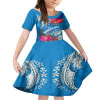 Personalised Haiti Coat Of Arms Kid Short Sleeve Dress Repiblik d Ayiti Tropical Flower Blue Polynesian Pattern LT03 KID Blue - Polynesian Pride