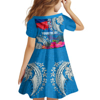 Personalised Haiti Coat Of Arms Kid Short Sleeve Dress Repiblik d Ayiti Tropical Flower Blue Polynesian Pattern LT03 - Polynesian Pride