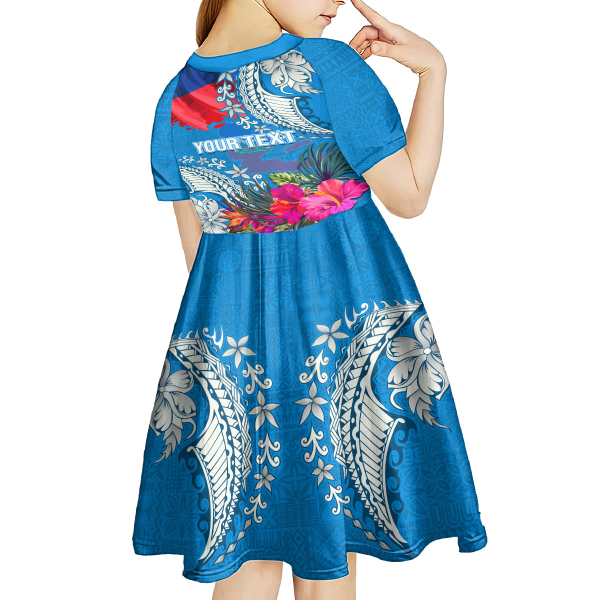 Personalised Haiti Coat Of Arms Kid Short Sleeve Dress Repiblik d Ayiti Tropical Flower Blue Polynesian Pattern LT03 - Polynesian Pride