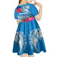 Personalised Haiti Coat Of Arms Kid Short Sleeve Dress Repiblik d Ayiti Tropical Flower Blue Polynesian Pattern LT03 - Polynesian Pride
