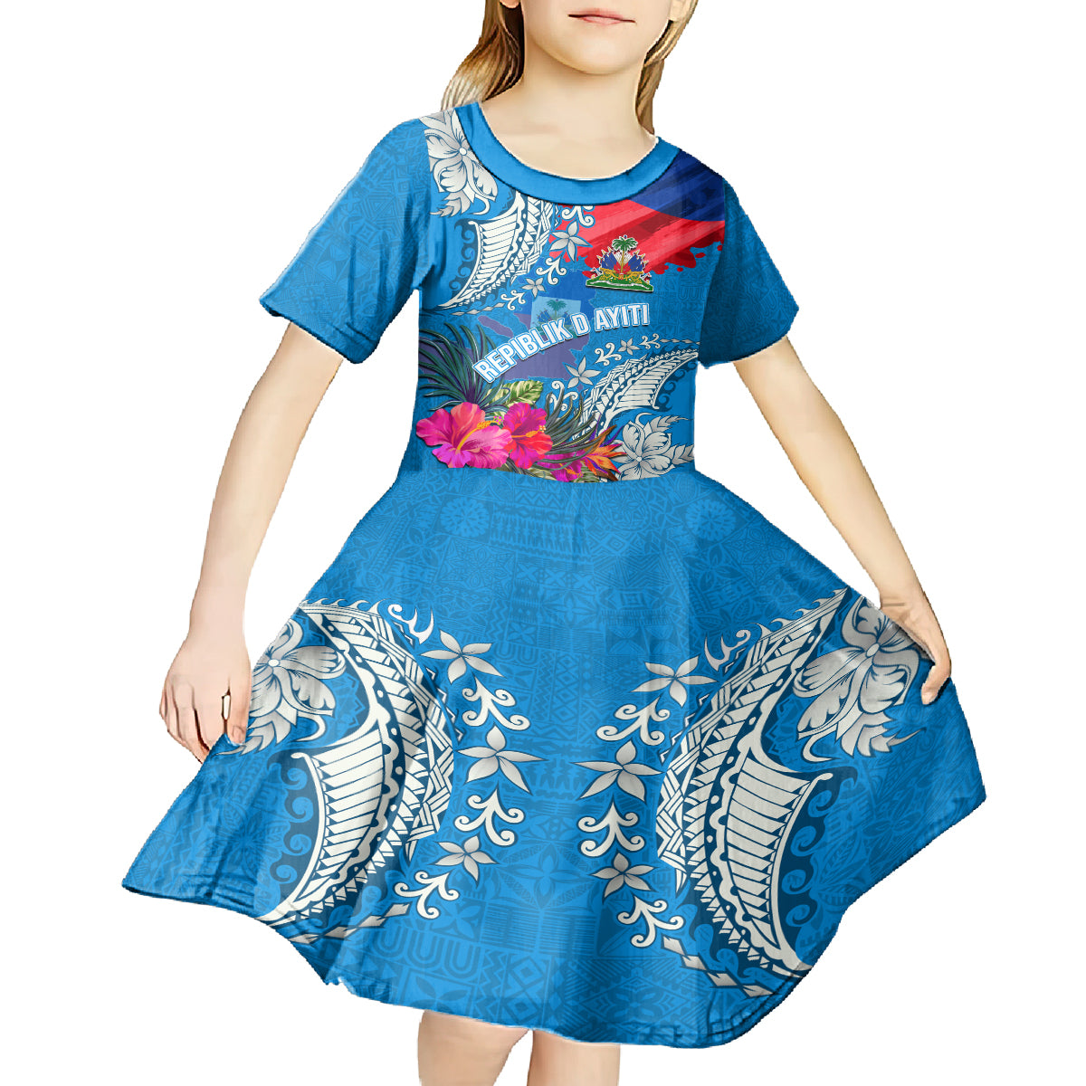 Personalised Haiti Coat Of Arms Kid Short Sleeve Dress Repiblik d Ayiti Tropical Flower Blue Polynesian Pattern LT03 - Polynesian Pride