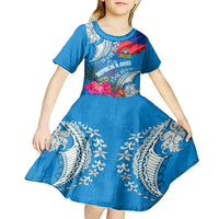 Personalised Haiti Coat Of Arms Kid Short Sleeve Dress Repiblik d Ayiti Tropical Flower Blue Polynesian Pattern LT03 - Polynesian Pride