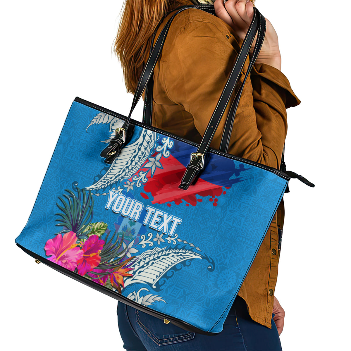 Personalised Haiti Coat Of Arms Leather Tote Bag Repiblik d Ayiti Tropical Flower Blue Polynesian Pattern LT03 - Polynesian Pride