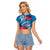 Personalised Haiti Coat Of Arms Raglan Cropped T Shirt Repiblik d Ayiti Tropical Flower Blue Polynesian Pattern LT03 Female Blue - Polynesian Pride