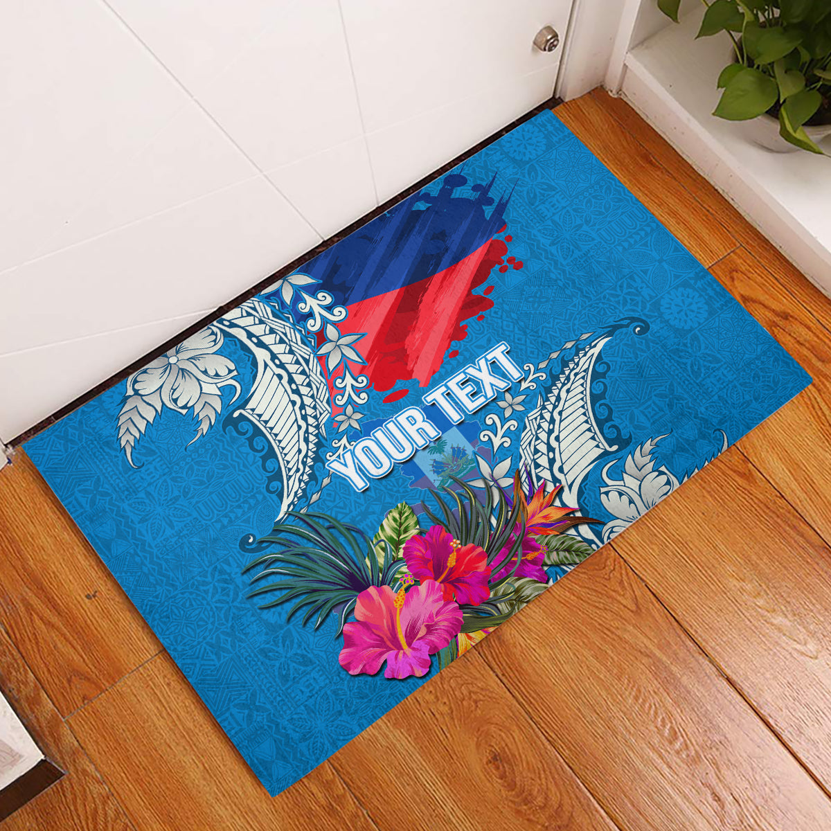 Personalised Haiti Coat Of Arms Rubber Doormat Repiblik d Ayiti Tropical Flower Blue Polynesian Pattern LT03 Blue - Polynesian Pride