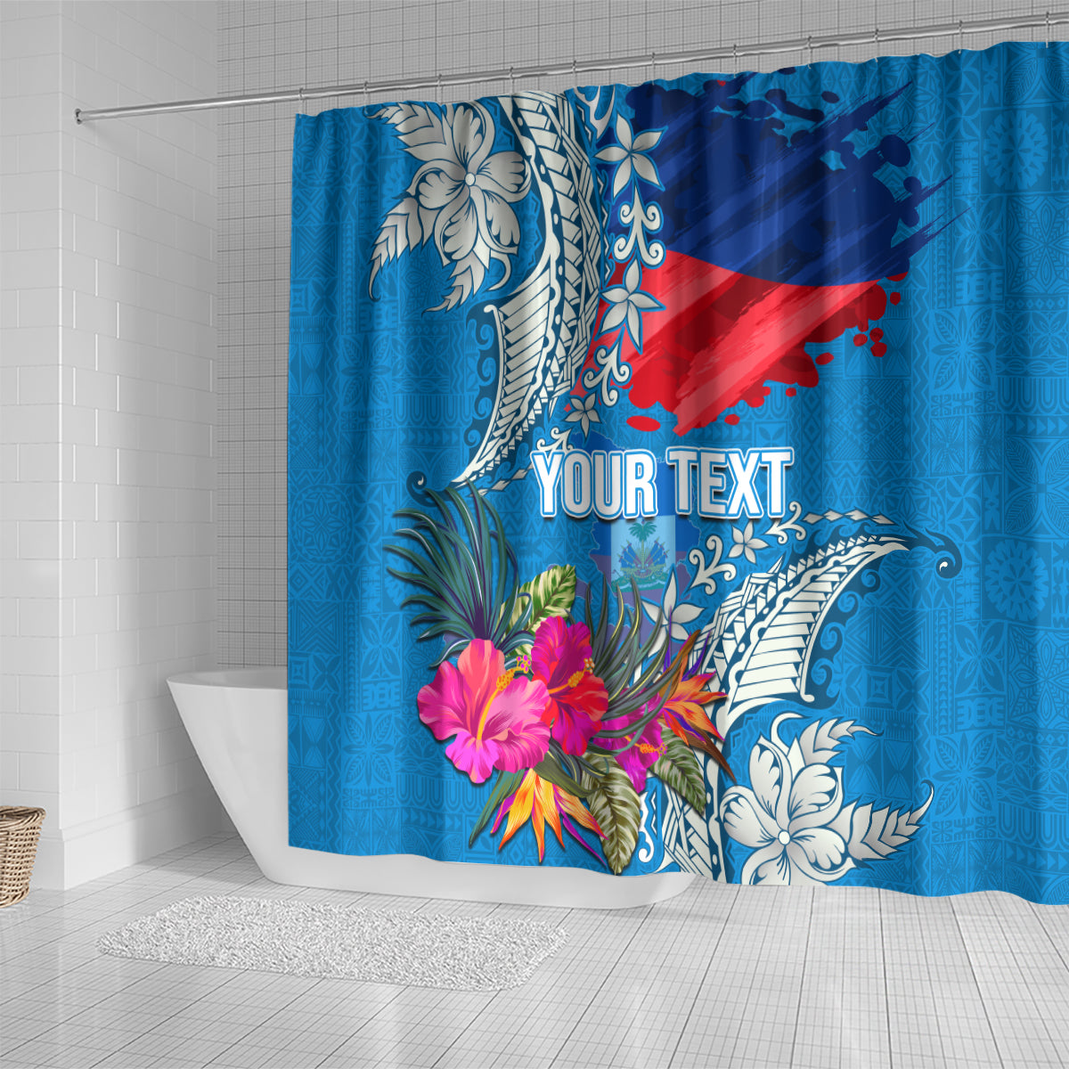 Personalised Haiti Coat Of Arms Shower Curtain Repiblik d Ayiti Tropical Flower Blue Polynesian Pattern LT03 - Polynesian Pride