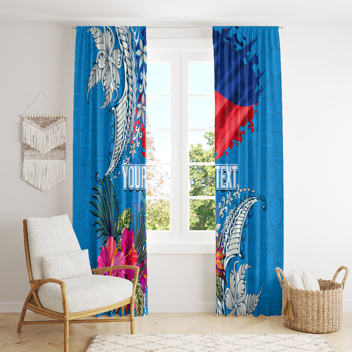 Personalised Haiti Coat Of Arms Window Curtain Repiblik d Ayiti Tropical Flower Blue Polynesian Pattern LT03 - Polynesian Pride