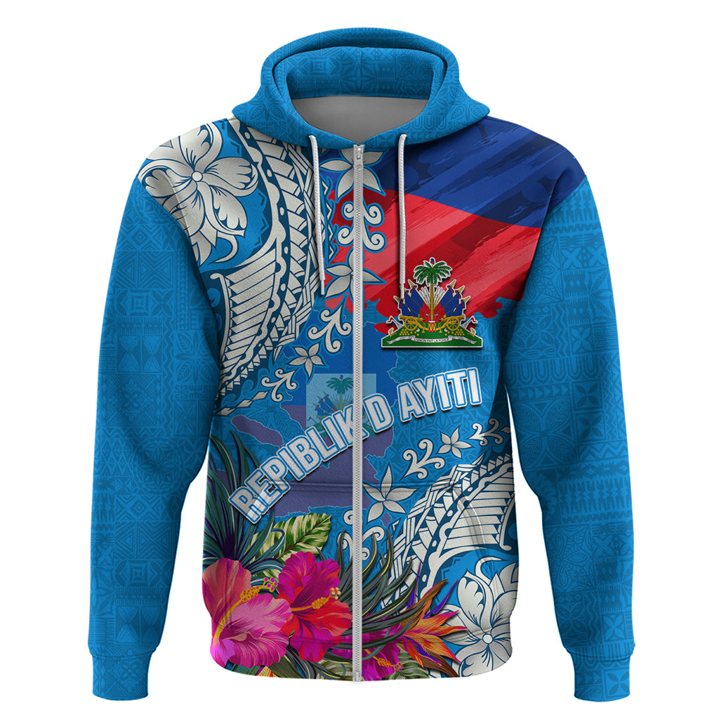 Personalised Haiti Coat Of Arms Zip Hoodie Repiblik d Ayiti Tropical Flower Blue Polynesian Pattern LT03 Zip Hoodie Blue - Polynesian Pride