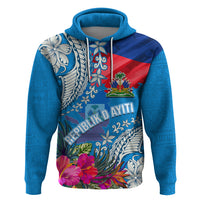 Personalised Haiti Coat Of Arms Zip Hoodie Repiblik d Ayiti Tropical Flower Blue Polynesian Pattern LT03 Pullover Hoodie Blue - Polynesian Pride
