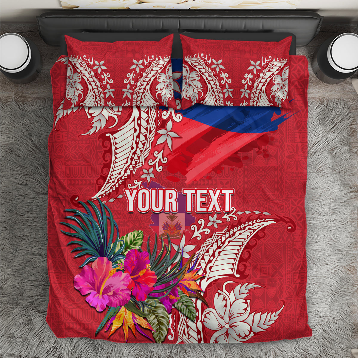 Personalised Haiti Coat Of Arms Bedding Set Repiblik d Ayiti Tropical Flower Red Polynesian Pattern LT03 Red - Polynesian Pride