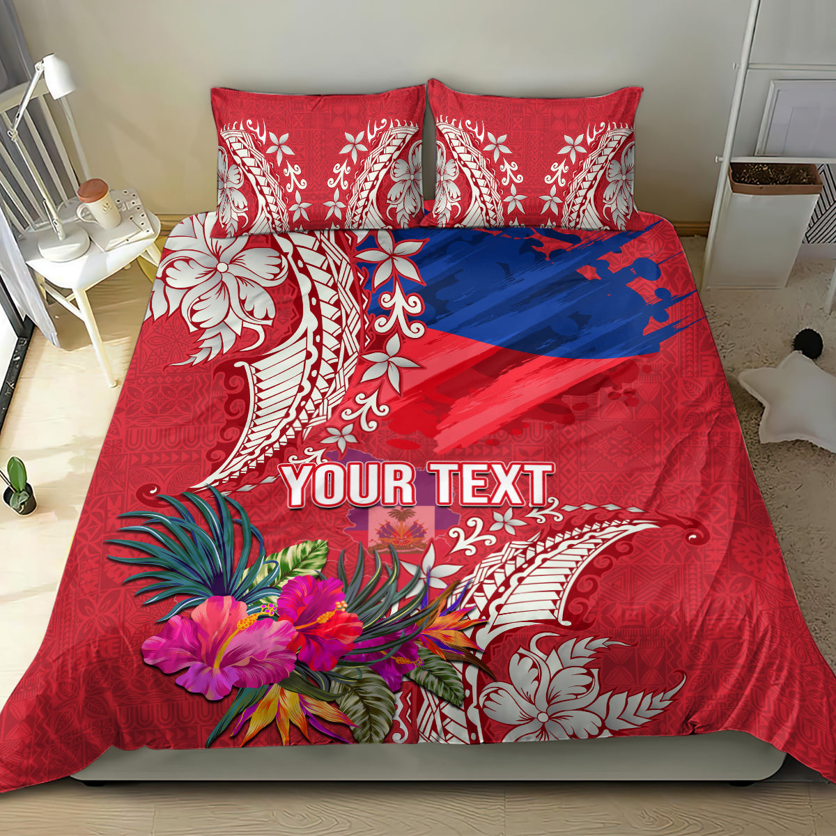 Personalised Haiti Coat Of Arms Bedding Set Repiblik d Ayiti Tropical Flower Red Polynesian Pattern LT03 - Polynesian Pride