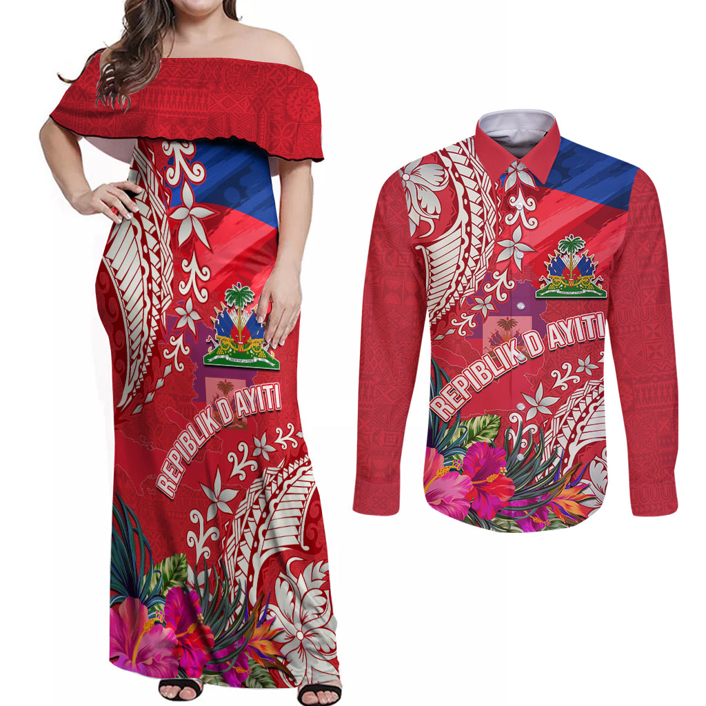 Personalised Haiti Coat Of Arms Couples Matching Off Shoulder Maxi Dress and Long Sleeve Button Shirt Repiblik d Ayiti Tropical Flower Red Polynesian Pattern LT03 Red - Polynesian Pride
