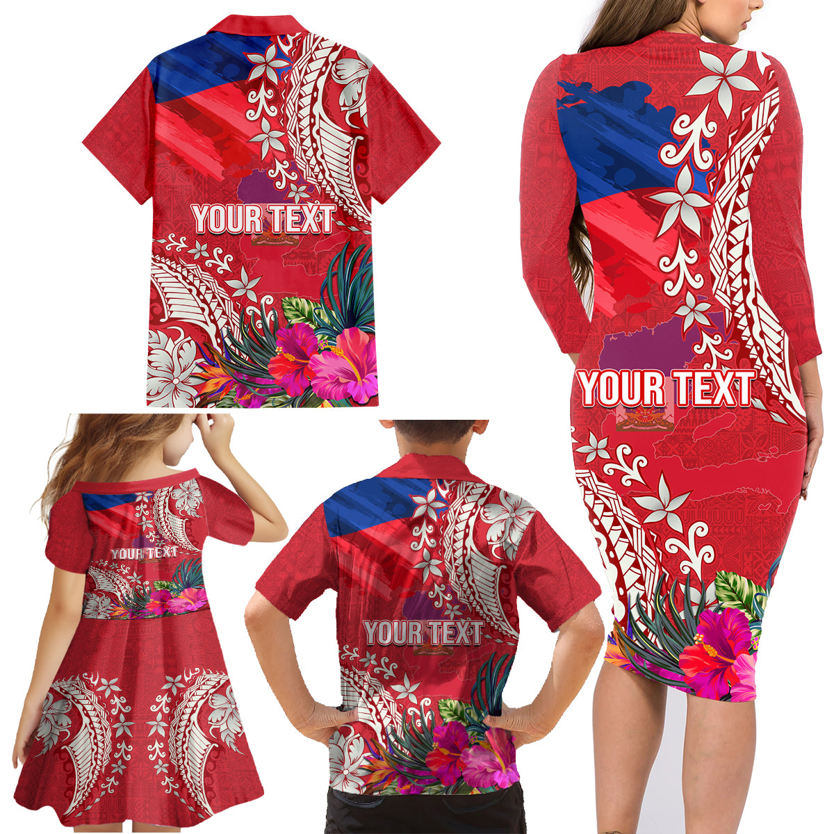 Personalised Haiti Coat Of Arms Family Matching Long Sleeve Bodycon Dress and Hawaiian Shirt Repiblik d Ayiti Tropical Flower Red Polynesian Pattern LT03 - Polynesian Pride