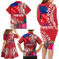 Personalised Haiti Coat Of Arms Family Matching Long Sleeve Bodycon Dress and Hawaiian Shirt Repiblik d Ayiti Tropical Flower Red Polynesian Pattern LT03 - Polynesian Pride