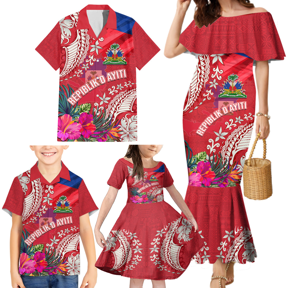 Personalised Haiti Coat Of Arms Family Matching Mermaid Dress and Hawaiian Shirt Repiblik d Ayiti Tropical Flower Red Polynesian Pattern LT03 - Polynesian Pride