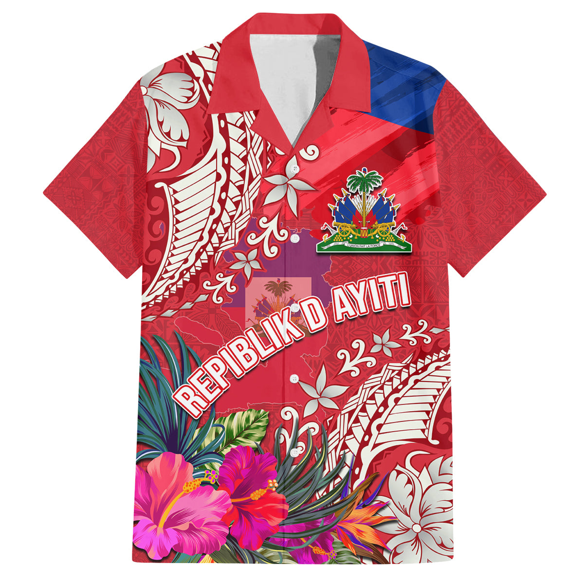 Personalised Haiti Coat Of Arms Family Matching Tank Maxi Dress and Hawaiian Shirt Repiblik d Ayiti Tropical Flower Red Polynesian Pattern LT03 Dad's Shirt - Short Sleeve Red - Polynesian Pride